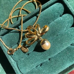 Vintage Nolan Miller Gold Bow Necklace with Pearl Accent